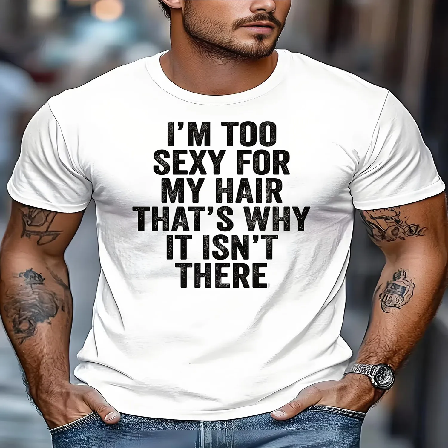 Men's Funny Baldness T-Shirt with _My Hair_ Bald Guy Joke Print - Short Sleeve Round Neck Casual Summer Tee Suitable for Outdoor Casual Attire - Humorous Gift for Bald Men Gift for him, Retro graphic tee