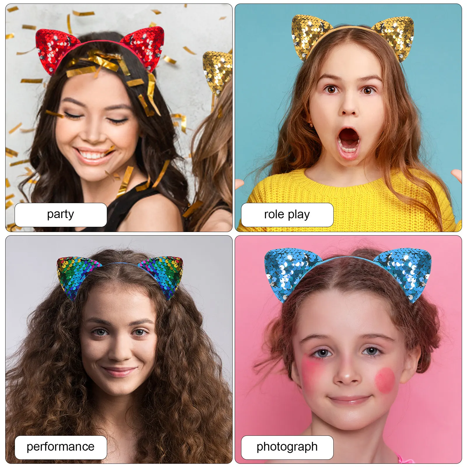 

12Pcs Cat Ear Headbands Sequin Shiny Cute Hair Accessories for Women Girls Cosplay Party Costume Headbands for Women