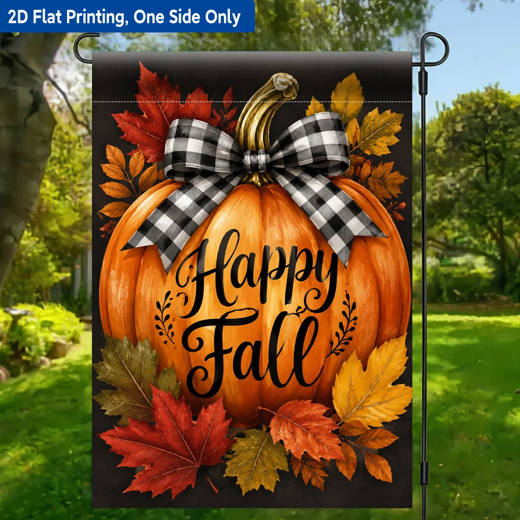 2D Flat - 2D Flat - 2D Flat, Garden Flag 1 Pack, Pumpkin Checked Bow and Autumn Leaf Decorative Polyester Garden Flag, Single Side Print, Garden Outdoor Festival Decorative Garden Flag, Size 11.8 X 17.7 Inches Without Flagpole