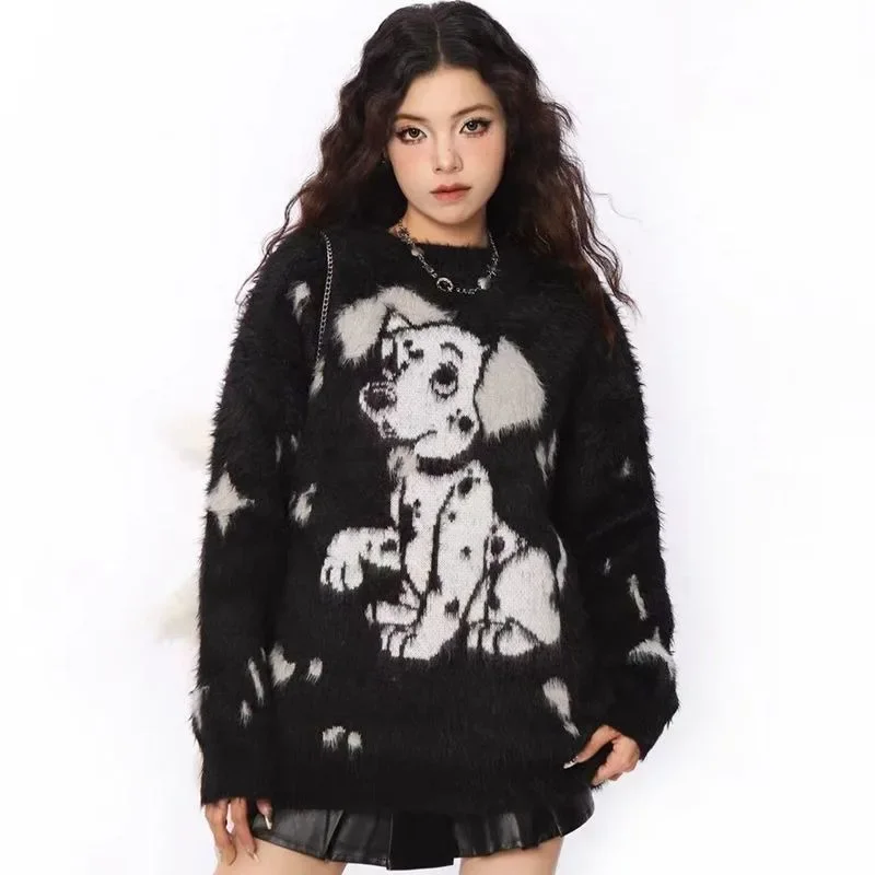 Black Soft Fur Y2K Cartoon Puppy Sweater Women Thicken Winter Graphic Loose Baggy  Personalized Jacquard Sweater Harajuku