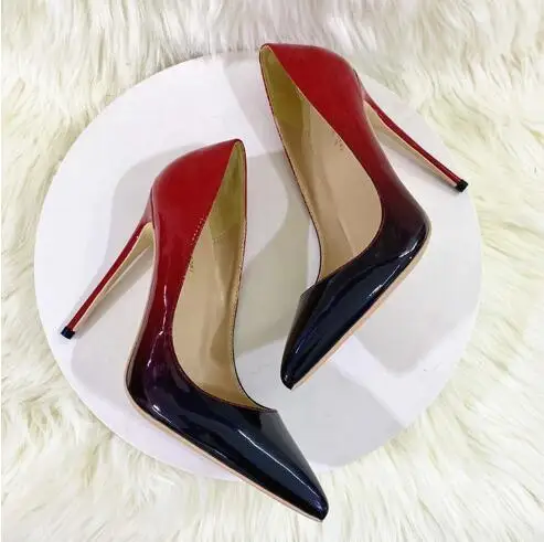 

Sexy Woman Black Red Gradient Color Shiny Patent Leather Pointed Toe Shallow Slip On Flat 8 10 12 CM Stiletto Heels Pumps Shoes