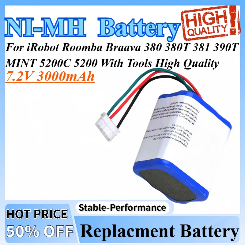 Сменный NI-MH аккумулятор 7,2 В, 3000 мАч для iRobot Roomba Braava 380 380T 381 390T MINT 5200C 5200 с инструментами высокого качества
