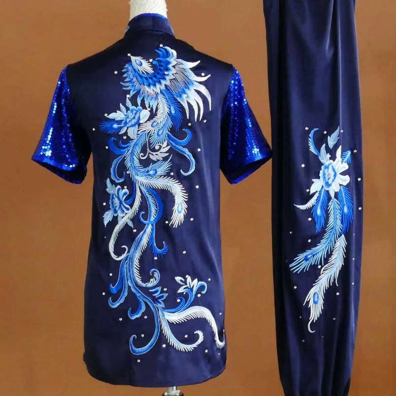 New Short Sleeve Phoenix Embroidered Changquan Wushu Uniform Kids Students Exam Competition Colorful Suit Men Women Custom