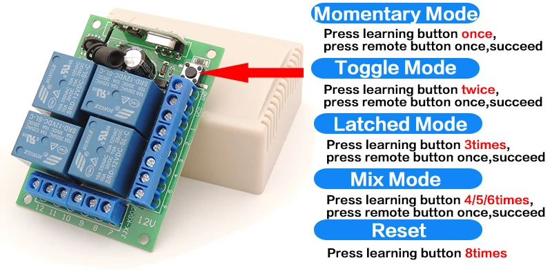 WenQia Universal Wireless Remote Control Switch DC 12V 4CH relay Receiver Module With 4 channel RF Remote 433 Mhz Transmitter