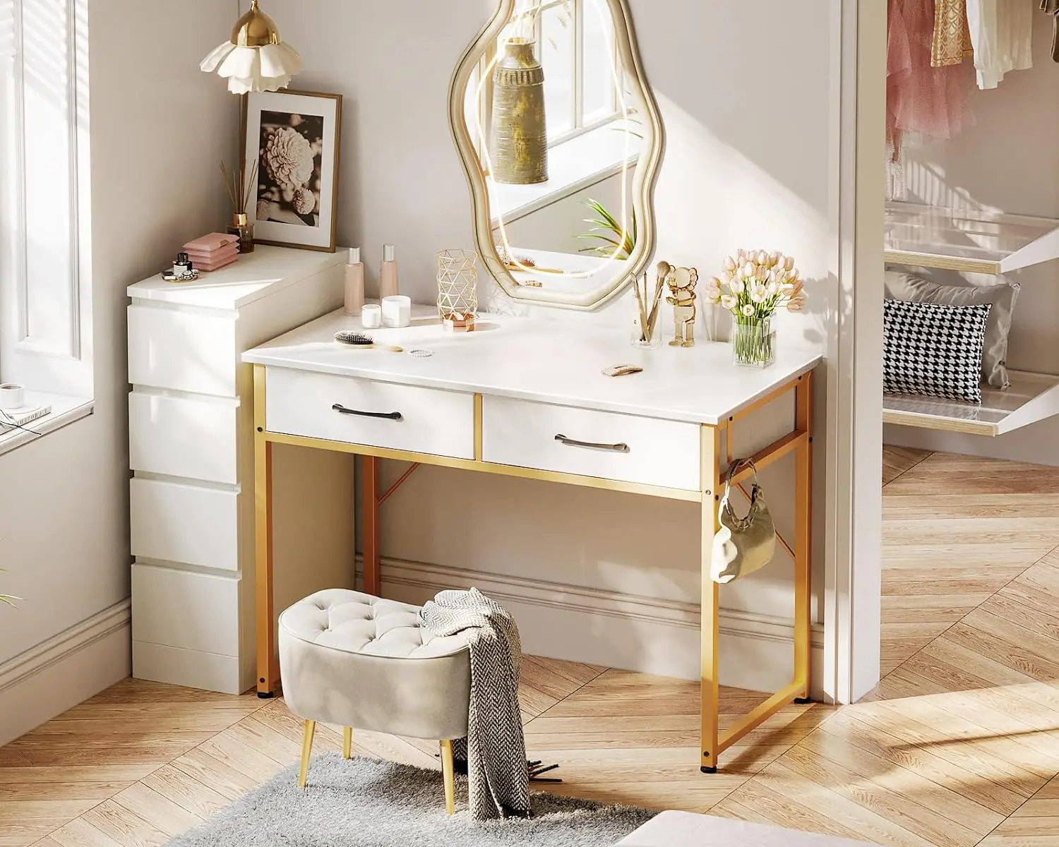 ODK Vanity Desk Without Mirror, Makeup Vanity with 2 Fabirc Drawers, White Dressing Table with Versatile Hook, 40