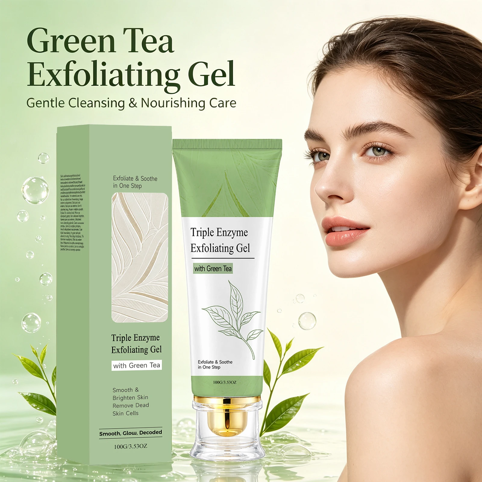Triple Enzyme Green Tea Exfoliating Gel Pore Cleansing Removes Dead Skin Cells Soothing Smoothing Brightening Face Peel Gel