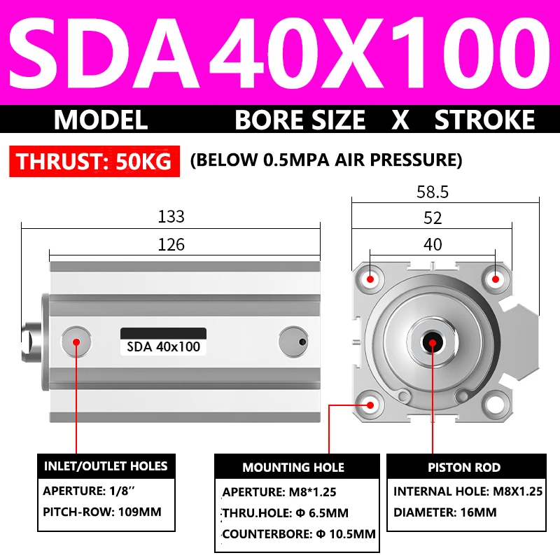 ABILKEEN SDA40X100 SDA Series Thin Air Cylinder 40MM Female Thread Bore X 100MM Stroke Double Acting Pneumatic Compact Cylinder