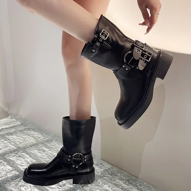 Punk Style Buckle Strap Mid-Calf Boots Women Black PU Leather Platform Western Boots Woman Big Size Square Toe Thick Heels Boots image 3