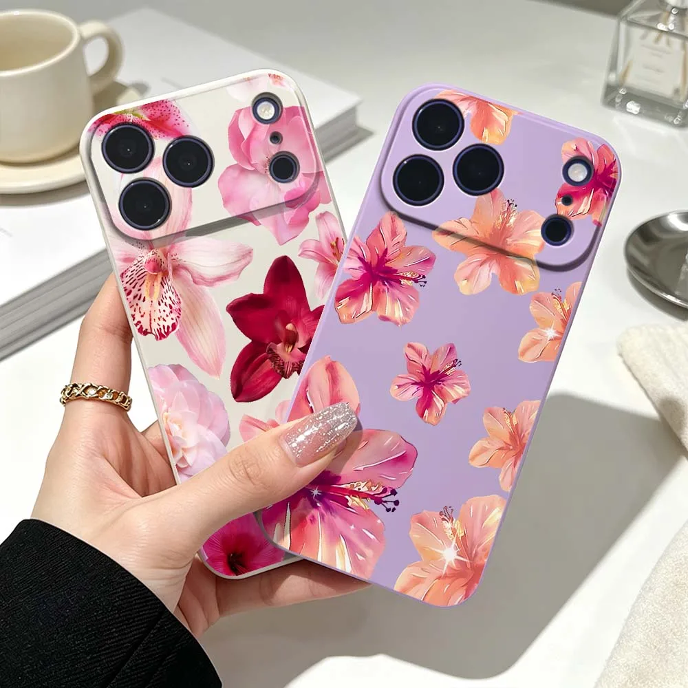 Art Pink Hibiscus Flower Cover For Apple iPhone 17 Air 16 15 14 13 12 Pro Max Mini Plus Soft Silicone Liquid Phone Case