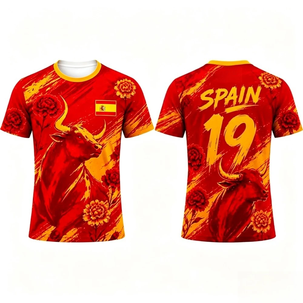 4 Styles   Soccer Jersey Bull/Flamenco/Sailing Ship Print SPAIN 19 Number Short Sleeve Sports Football T-Shirt for Men