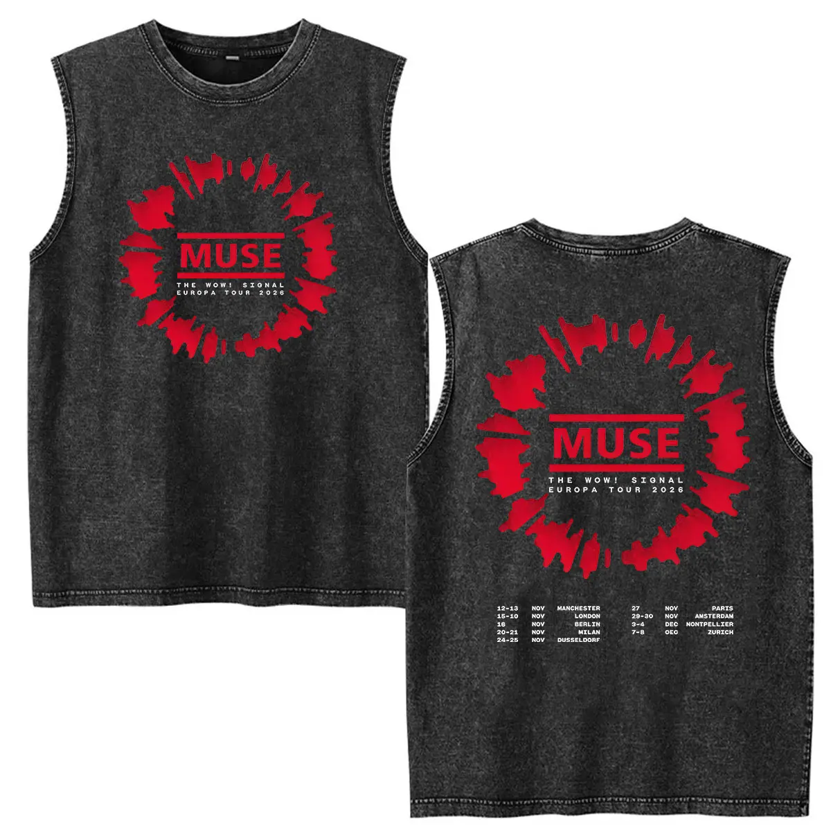 Rock Band MUSE The Wow! Signal Europa Tour 2026 Vintage Washed Vest T Shirts Men's Hip Hop Punk Short Sleeve T-shirt Streetwear