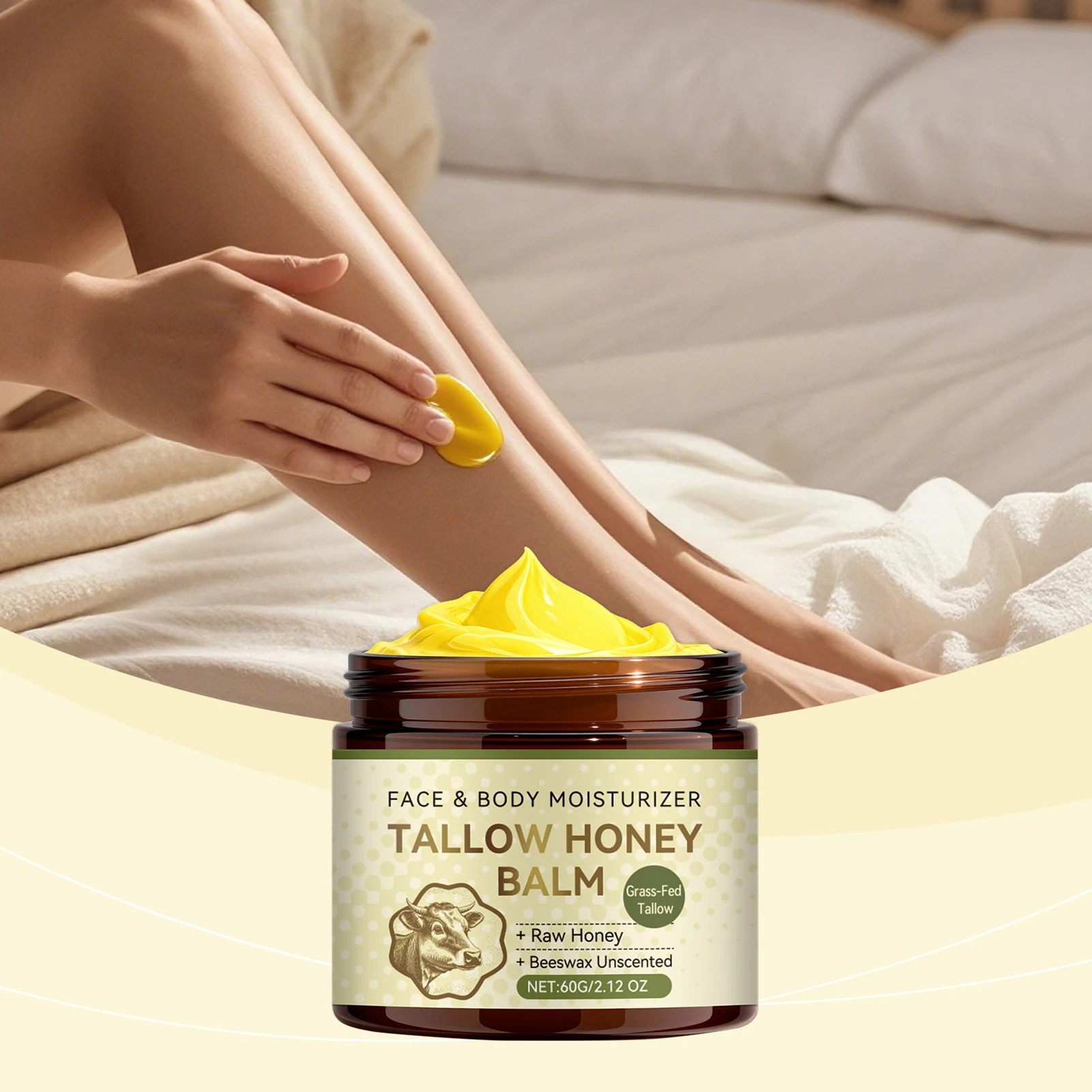60g Tallow Honey Balm,Whipped Tallow Balm For Face And Body,Natural 100% Grass-Fed & Finished Tallow Cream For Sensitive Skin