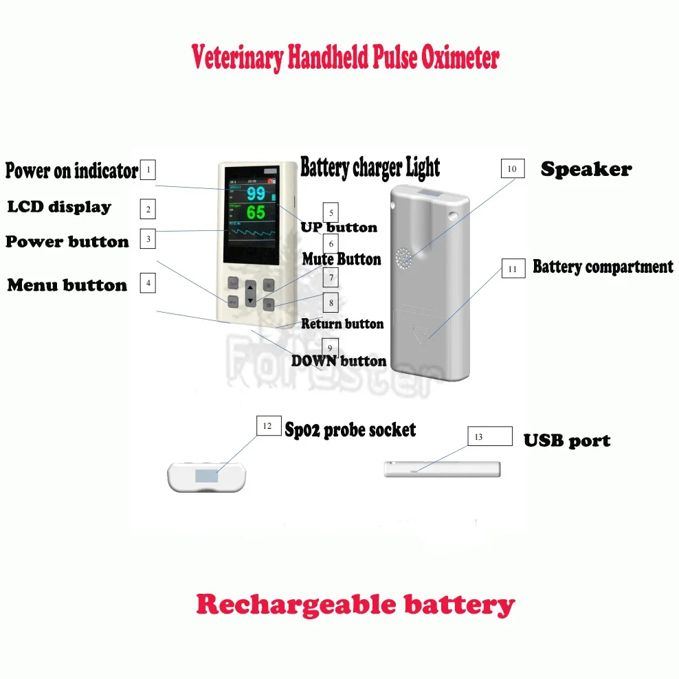 Portable Handheld Pulse Oximeter rechargeable Monitor for Heart Rate Oxygen Saturation with Veterinary SPO2 PR PI with Memory