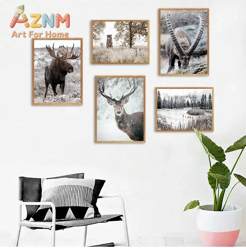 AZNM Winter Forest Animal Canvas Wall Art, Moose Deer Ibex Snowy Wilderness Landscape Print, Rustic Nature Cabin Poster, Unframe