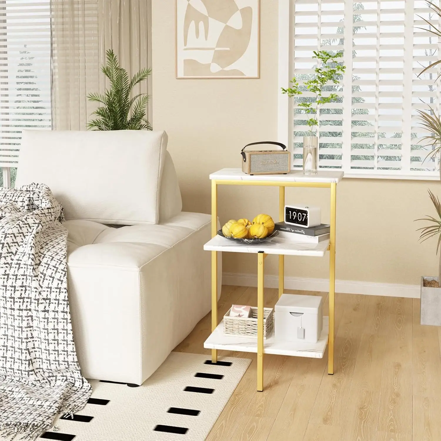 Gold End Table Set Of 2, 3-Tier Marble Coffe Table,Small Sofa Side Table Bedside Table, Rectangle Console Table W/Metal