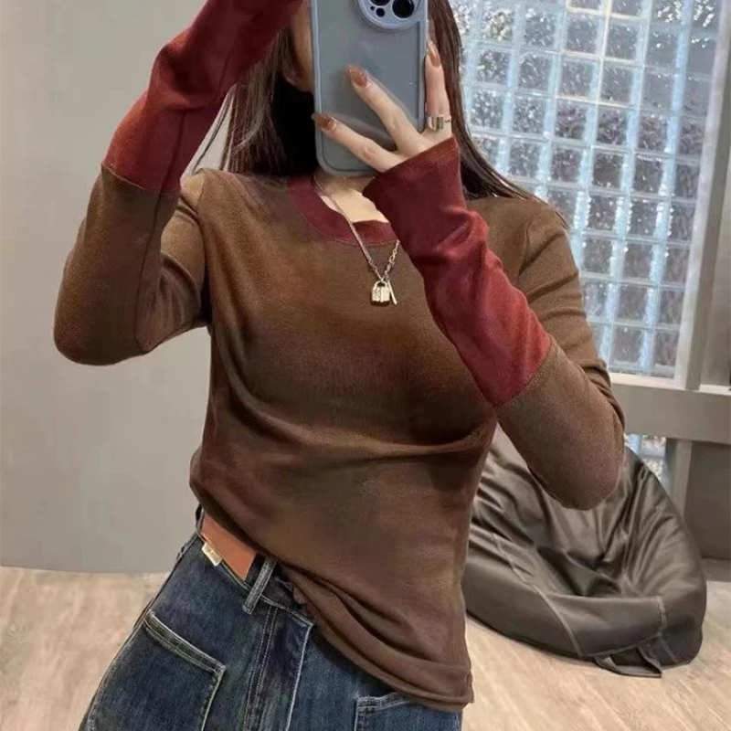

Long Sleeve Contrast Patchwork Plus Size Casual Tops Spring Autumn Loose All-match Fashion T Shirts Trend Vintage Women Clothing