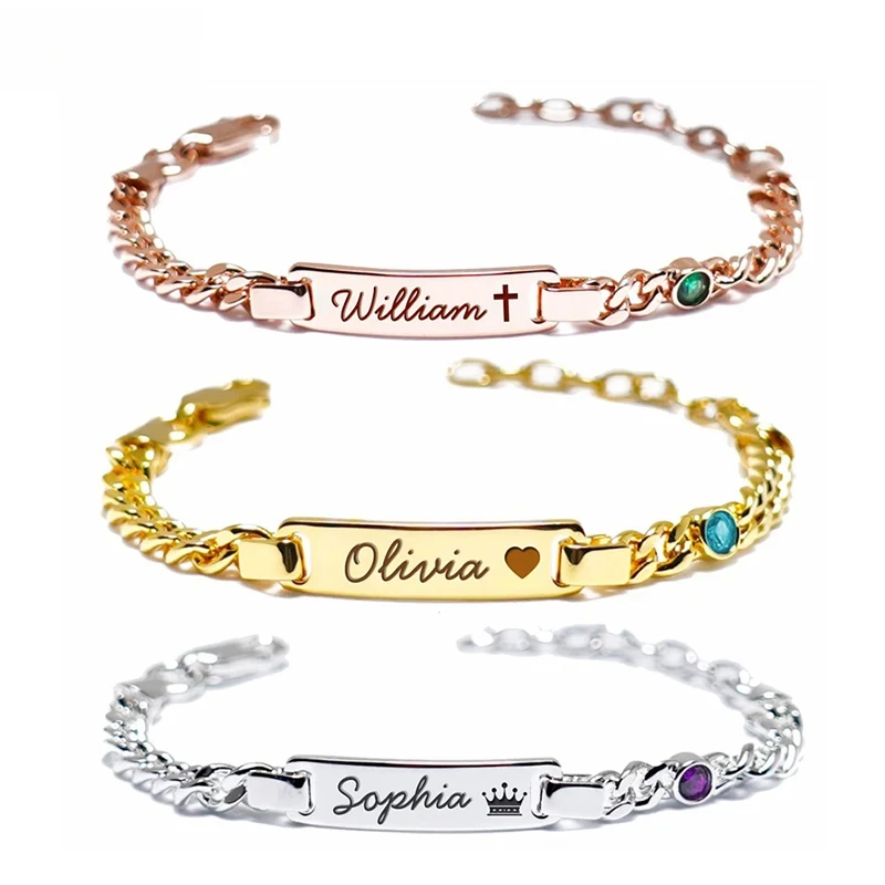 Custom Baby Birthstone Name Bracelets Infant Girls Personalized 18K Gold Plated Bracelet Engraved Name Baby Birthday Gifts