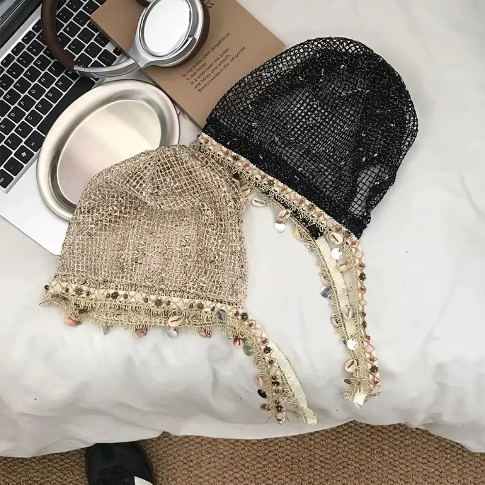 Fashion Hollow Out Mesh Beanie Cap Bohemian Breathable Pullover Hat Shell Tassel Design Cover Head Cap Spring Summer