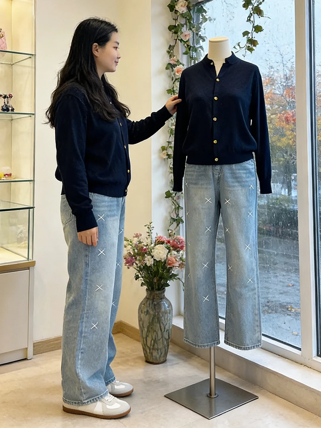 

Retro American Embroidered Wide Leg Denim Jeans Women's Loose Straight Cut Pants Spring New Sle plus Size Slimming Trousers