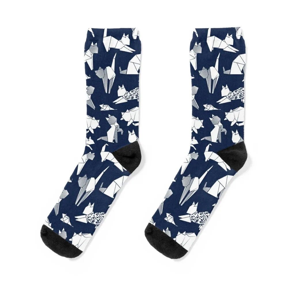 

Origami kitten friends // blue navy background paper cats Socks moving stockings Soccer cotton hip hop Socks Men Women's