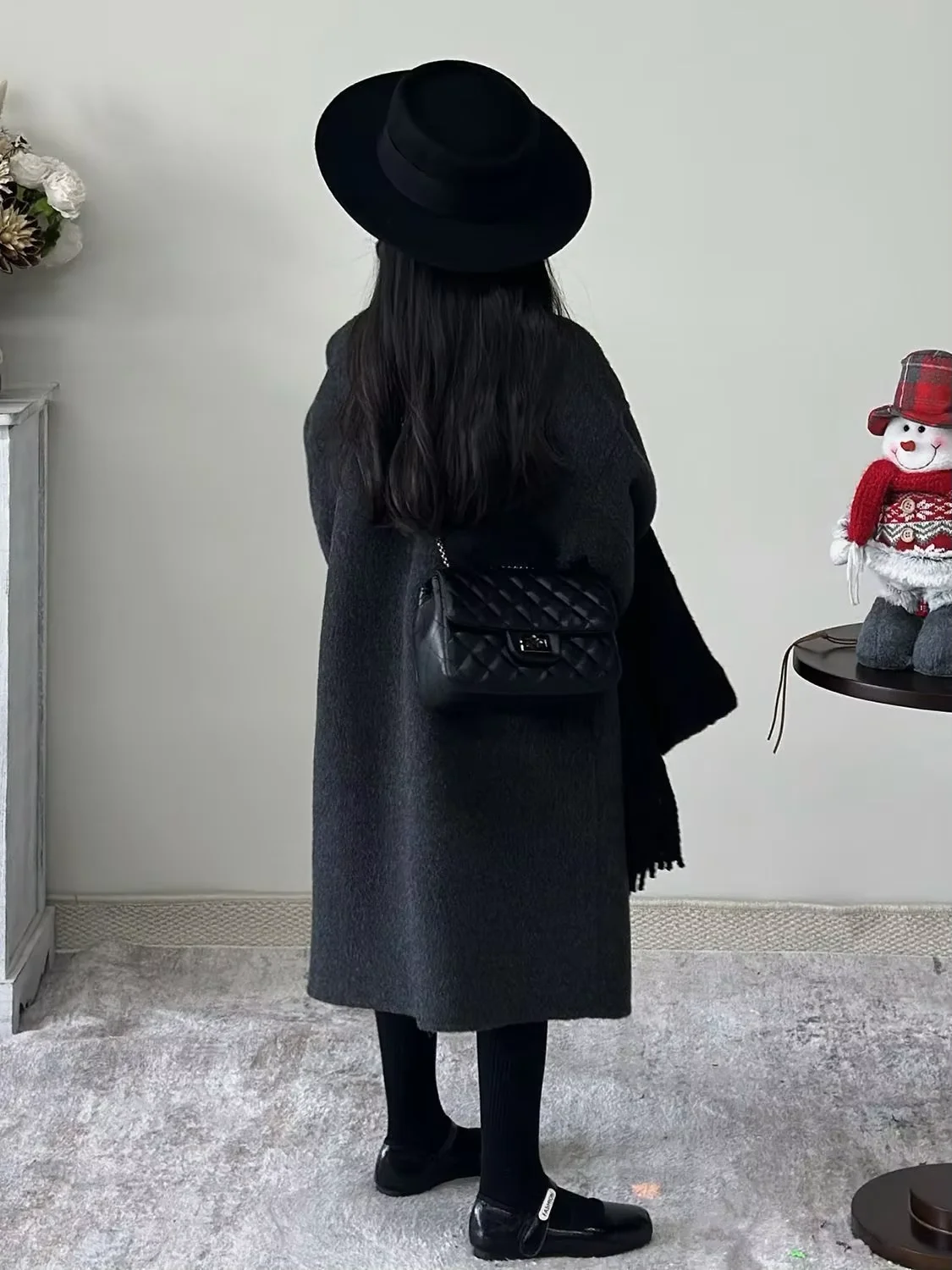 Girls Double Face Wool Coat Autumn Winter New Fashion Dark Grey Double Breasted Notch Lapel Jacket Children Clothing 110-160CM