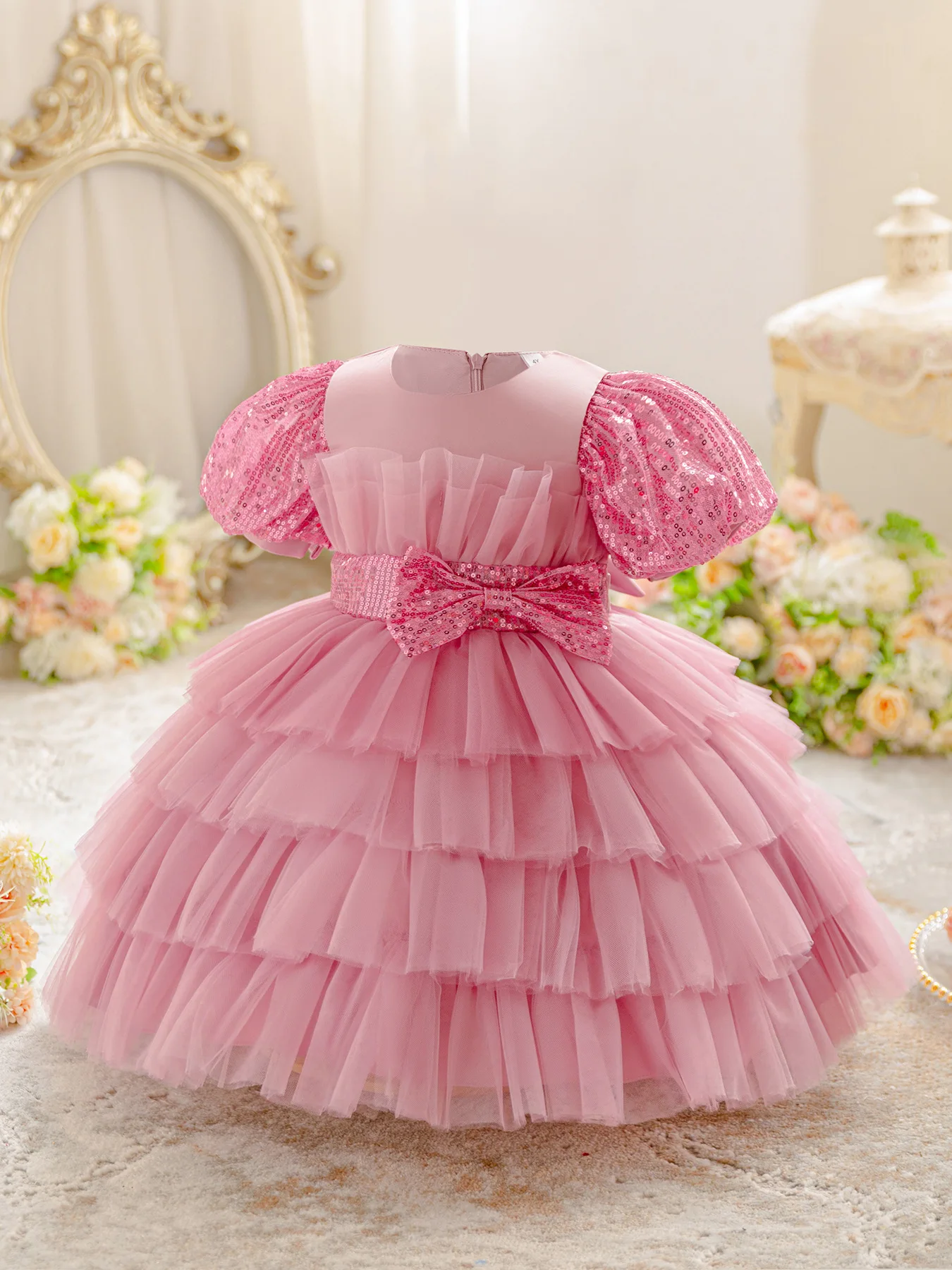HETISO Layered Gown for Girls Puff Sleeve Princess Dress Kids Wedding Evening Birthday Party Children's Dress Age 4-7 Years