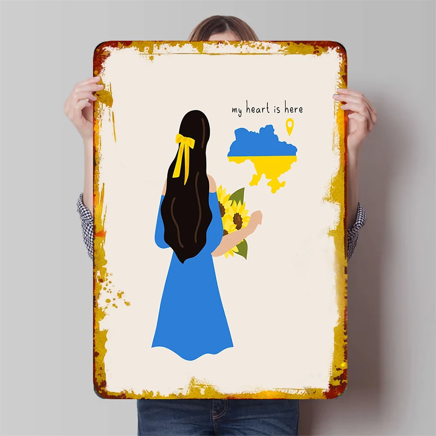 Ukraine Theme Sunflower Girl Metal Tin Sign Home Wall Decor Art Gift My Heart is Here