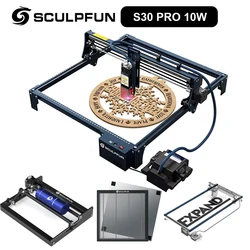 SCULPFUN S30 PRO 10W 레이저 조각기, 자동 에어 어시스트 시스템, 벌집 롤러 조각기, 410x400mm 면적