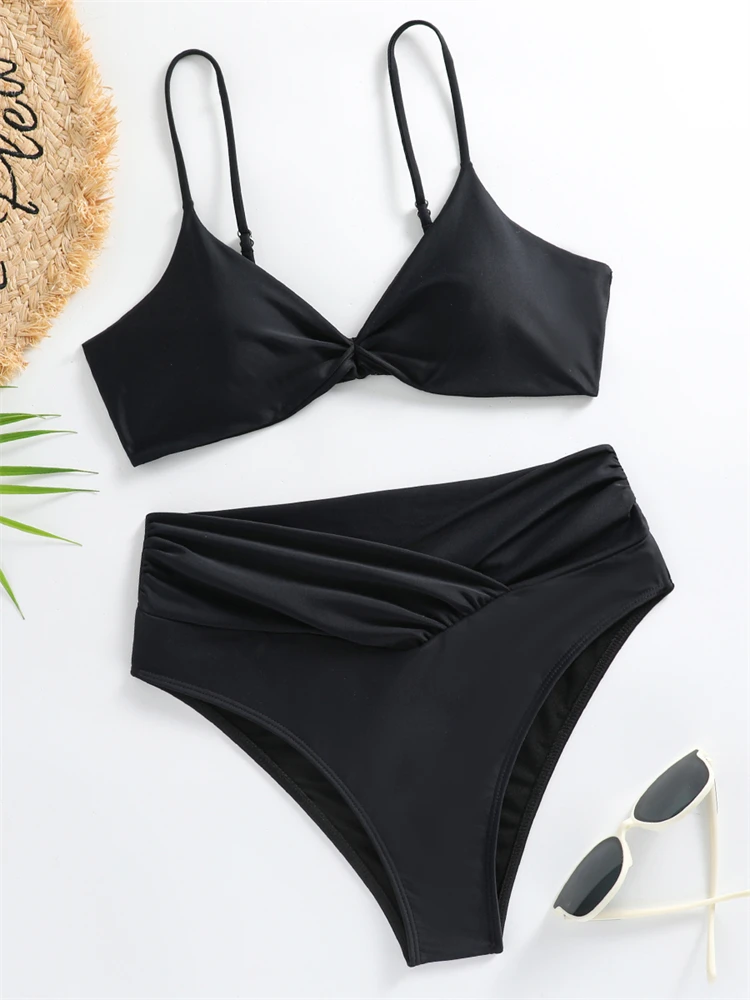 Micro Bikini Sexy Women Swimsuit 2024 New Solid Ruched Bikinis Set High Waist Swimwear Summer 2 Piece Beach Bathing Suit Female