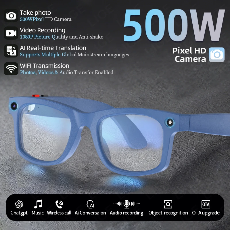 

LIGE New 500W Camera AI Smart Glasses ChatGPT Voice Assistant Real-time Translation Bluetooth Call Music Men Women Smartglasses