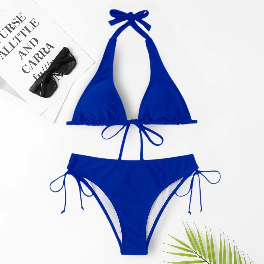 Traje de baño con tirantes para mujer, bikini sexy europeo y americano de color sólido, bikini para vacaciones en la playa, novedad