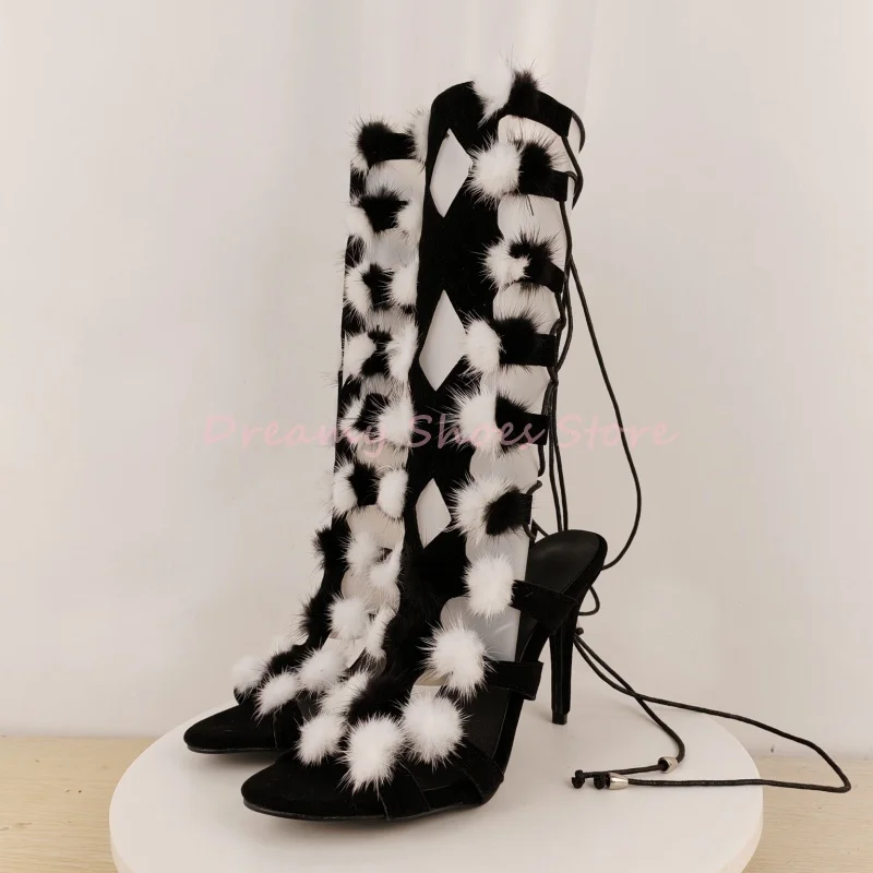 

Black Cross Strap White Pom-Pom Decor Sandal Boots Women Peep Toe Lace Up Knee High Boots Fashion Trendy Party Shoes New Arrival