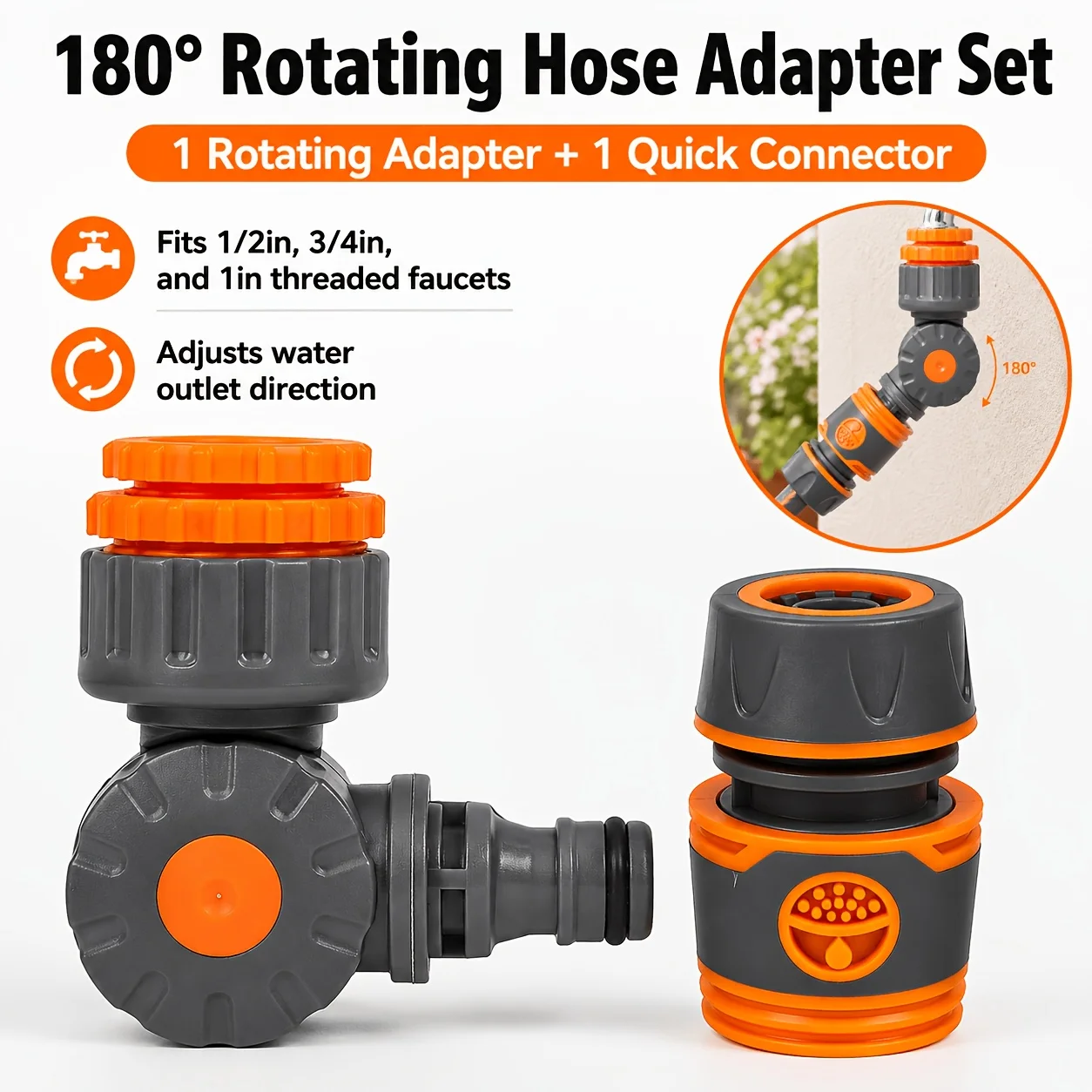 180° Rotatable Garden Hose Connector 2Pcs Durable ABS Tap Adapter 4/Quick Fitting for Watering Car Washing Yard Cleaning