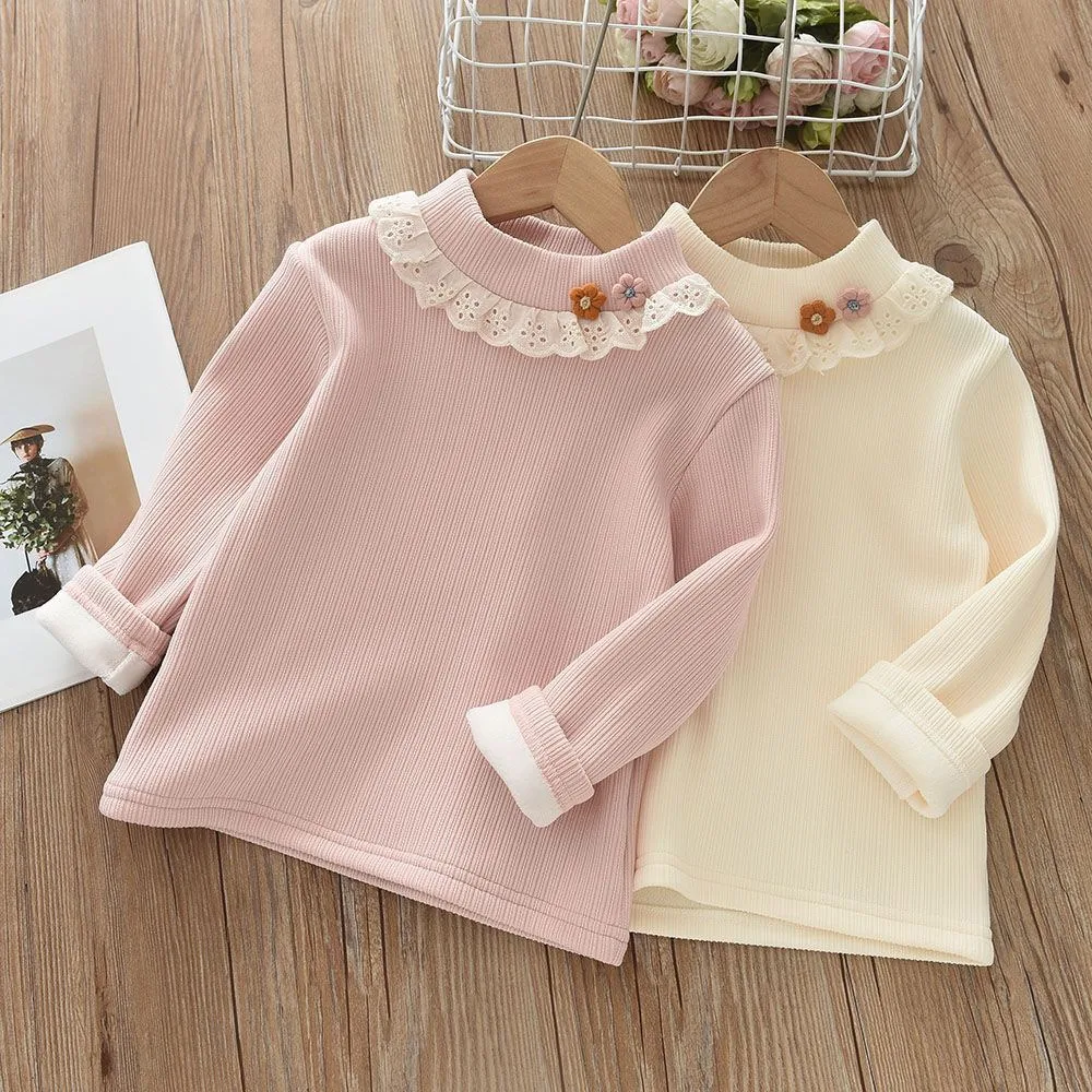 Bear Leader Autumn Winter Warm Girls' Top with 3D Flower Decoration and Lace Round Neck T-shirt Sweet Children's Clothing