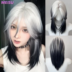 MEISU 18 Inch Black And White Mullet Head Wig  Synthetic Straight Fluffy Natural Wolf Tail Hair for Daily Use Party Cosplay