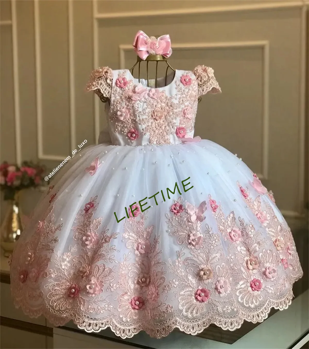 Gold Flower Girl Dress For Wedding Puffy 3D Applique Tulle With Pearl Princess Kids Birthday First Communion Ball Gown