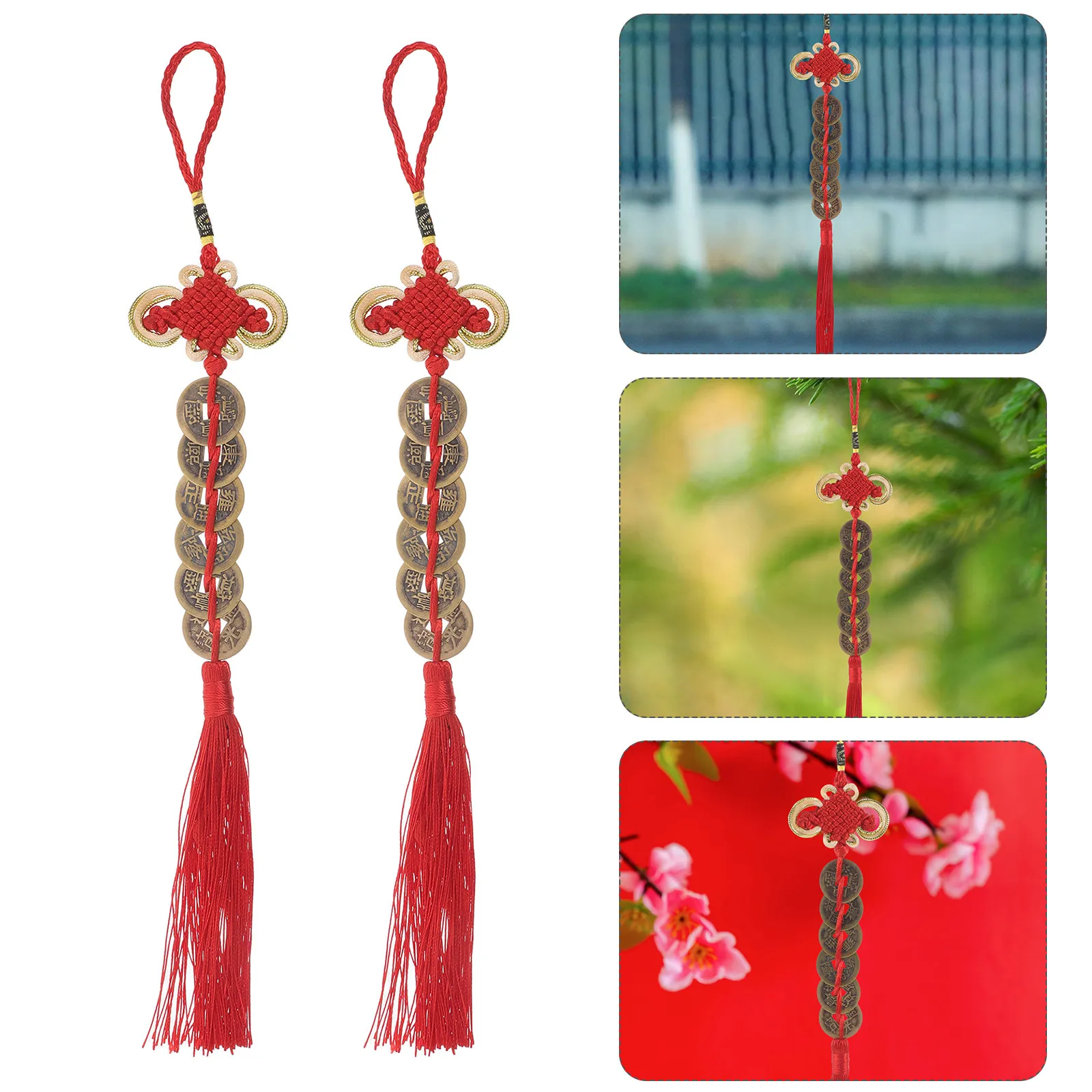 

2Pcs Wealth Success Pendant Chinese Knot Design Six Feng Shui Coins Red Tassel Lunar New Year Decoration for Home Car