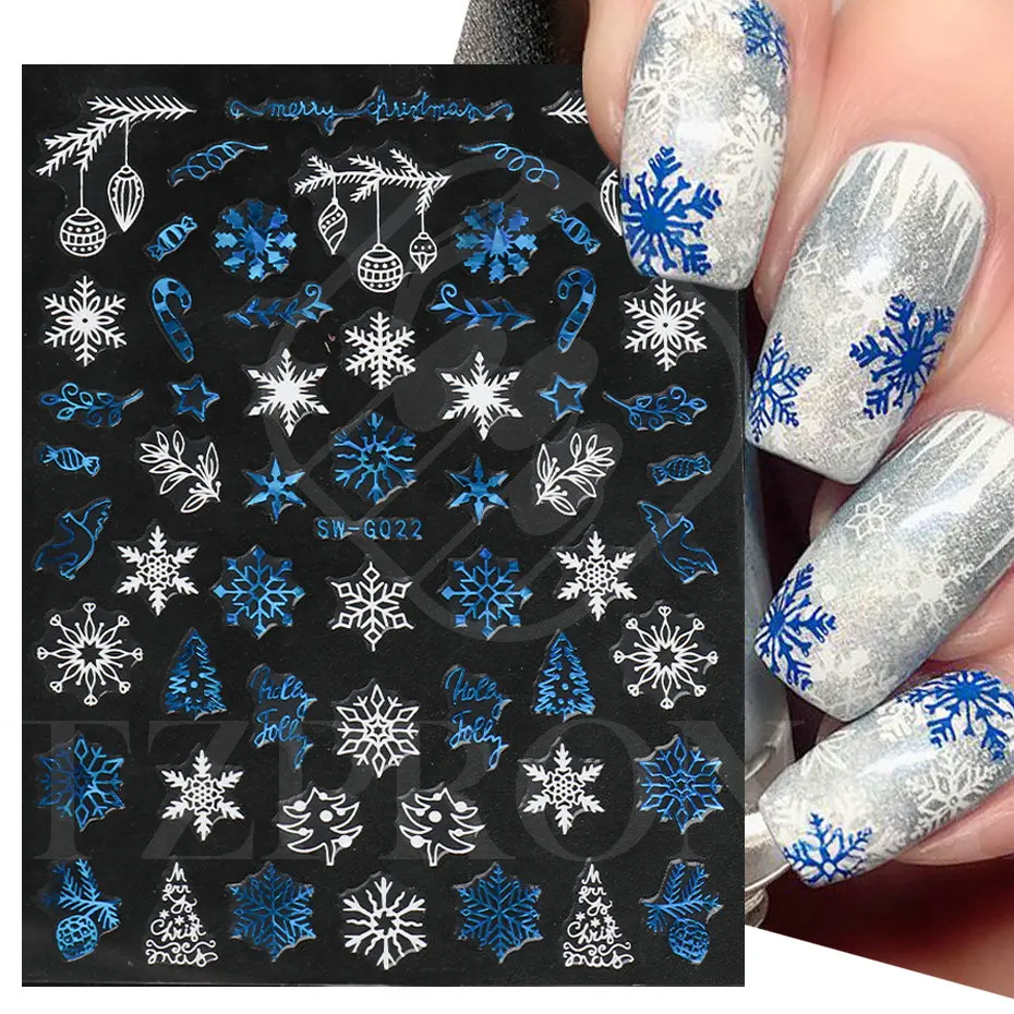 3D Christmas Nail Stickers Holographic Blue White Cookie Man Snowflake Elk Tree Winter New Year Decal Manicure Decoration SLSW-G