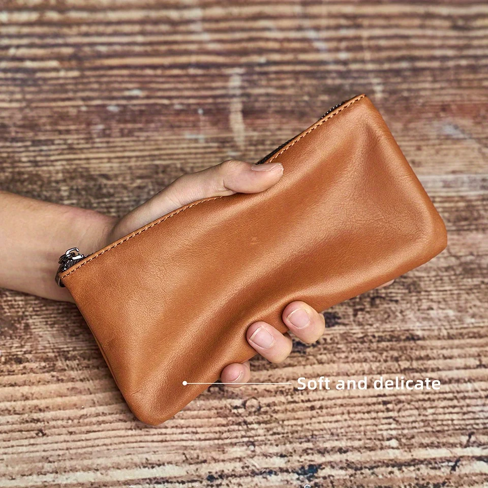 ZRCX Herren-Geldbörse aus echtem Leder mit langem Reißverschluss, erste Schicht aus Rindsleder, ultradünne Jugend-Handtaschen-Geldbörse, trendige Marke, einfache Geldbörse – Detail 9