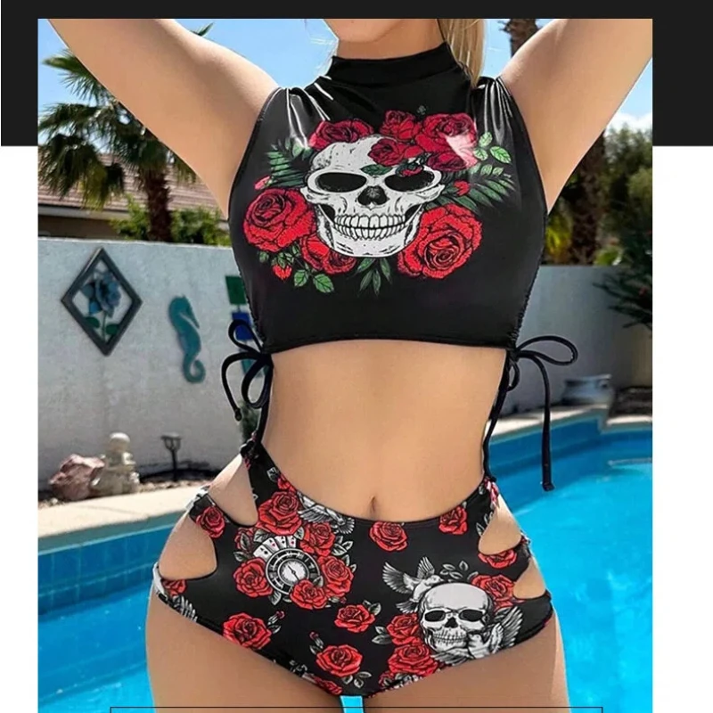 

Gothic Floral Skull Bikini Set Sexy Dark Romance Two Piece Edgy Print Swimsuit for Women Summer Hollow Out Panties Swimsuit Ropa