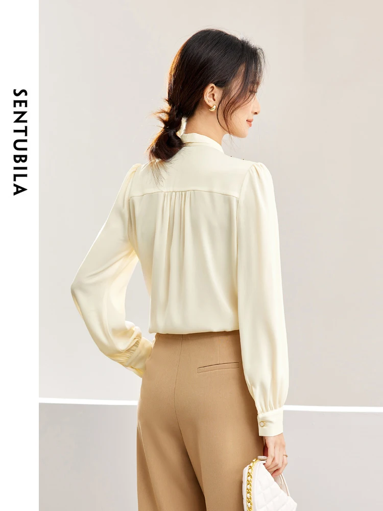 SENTUBILA Elegant Lace-up Ruffled Women's Blouse 2024 Spring Fashion Long Sleeve Tops Apricot Button Up Loose Shirts 141C53211