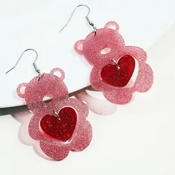 Valentine's Day Lovely Pink Acrylic Bear Heart Drop Earrings for Women Girls Resin Cute Little Bear Pendent Earrings Female Gift