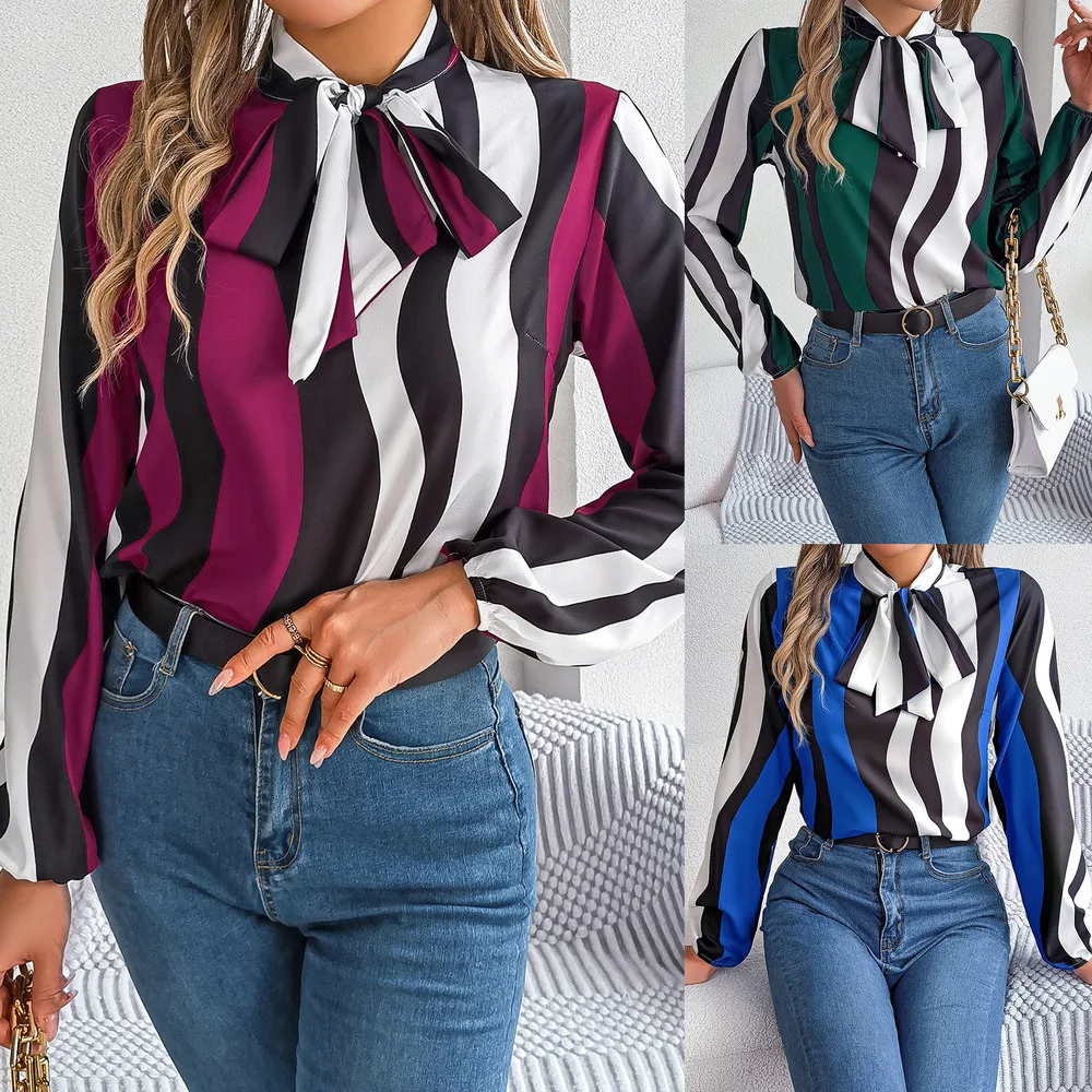 

2024 Stylish Spring Summer New Striped Chiffon Blouse with Bow Tie Lantern Sleeves Fashion Casual Office Tops Womens