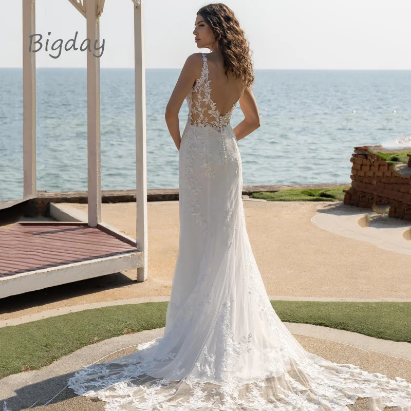 Vestido De Novia De sirena con cuello en V para mujer, traje elegante con apliques De encaje, espalda abierta, tirantes finos, color blanco, 2024