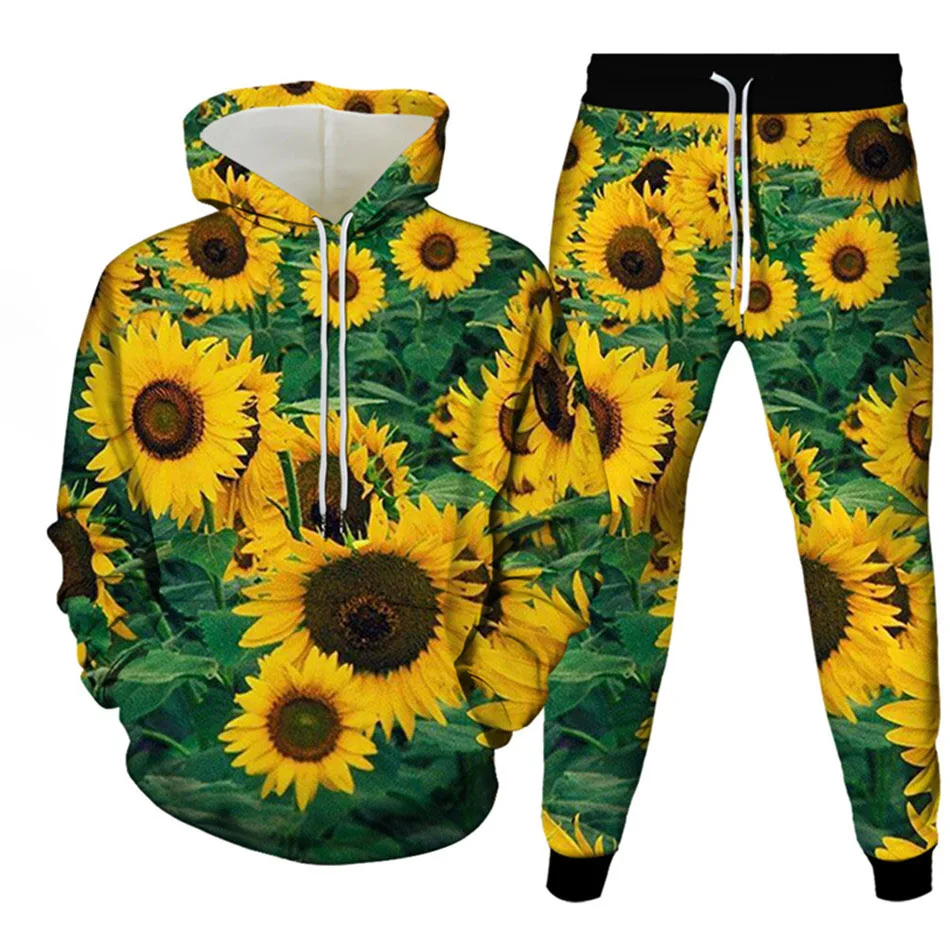 Conjunto de chándal de dos piezas para hombre, Sudadera con capucha y estampado 3D de girasol, planta, hoja, hierba, moda