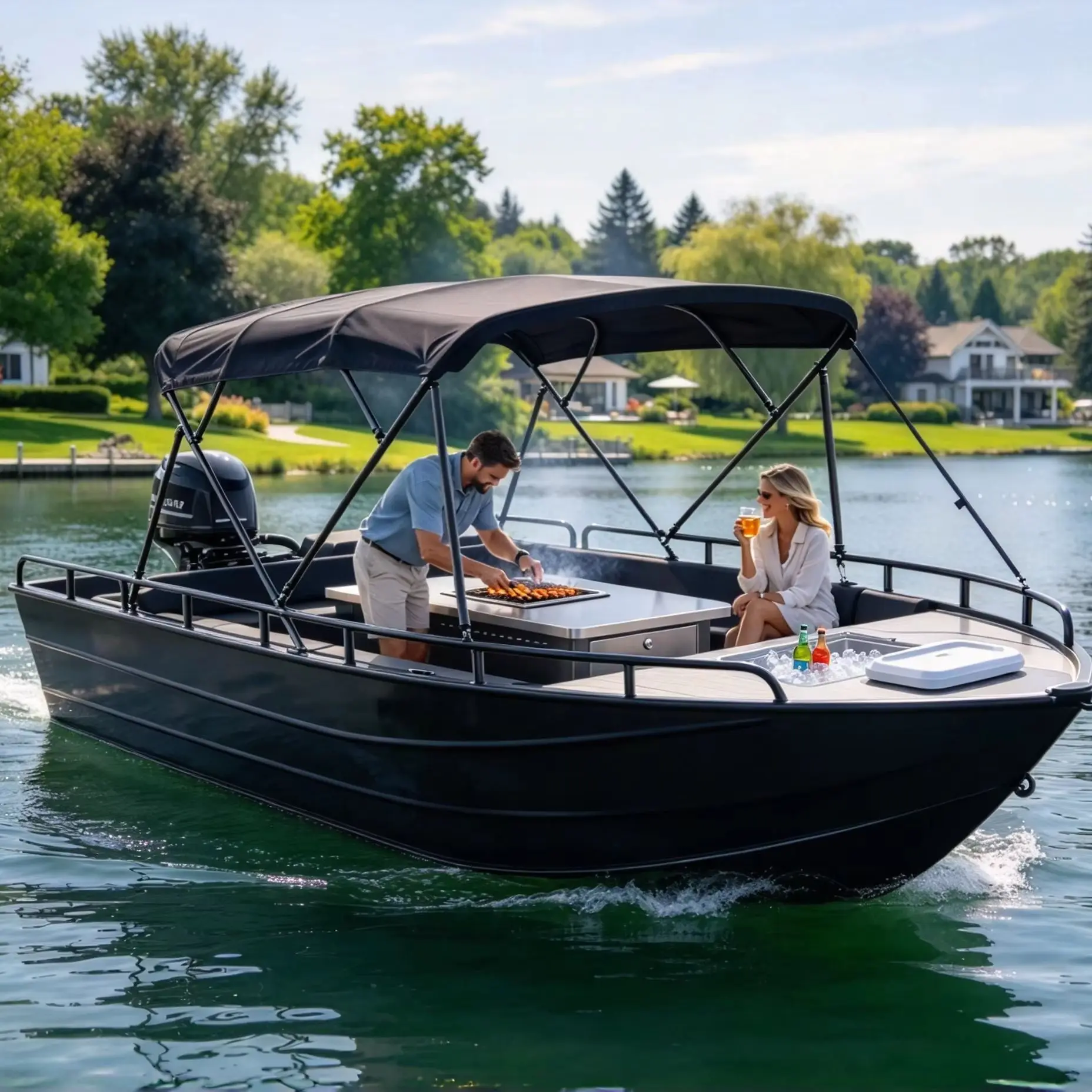 Aluminum BBQ leisure boat, Brand copy luxury Aluminum pontoon boat, all-weather floating tiny home furniture