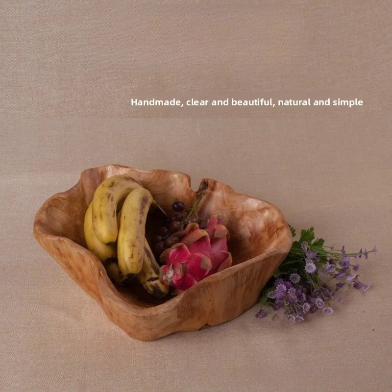 Hand-Carved Solid Wood Fruit Bowl Set Natural Rustic Root Wood Tray Serving Platter for Snacks Decorative Nut Dish for Kitchen