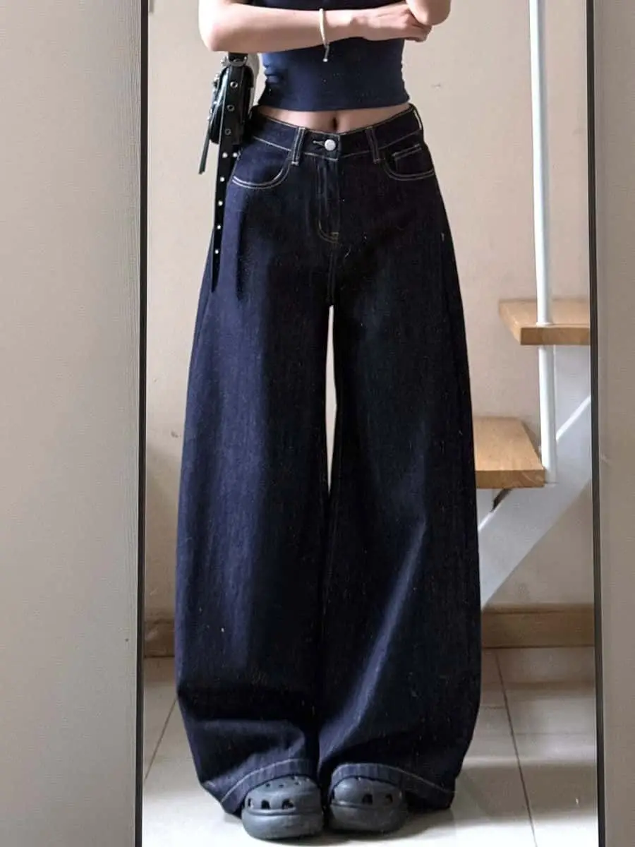 أنيقة خمر الأزرق الداكن واسعة الساق الجينز النساء عالية الخصر سليم صالح مستقيم الساق السراويل الحد الأدنى اللف الطابق طول الدنيم #4