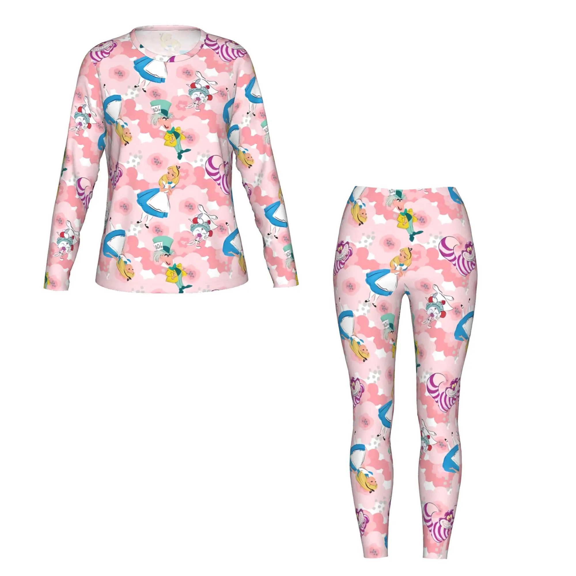 Alice с милым принтом, комплект из 2 предметов, женская футболка с длинными рукавами, леггинсы, подходящий для домашнего путешествия, фитнеса и т. д.