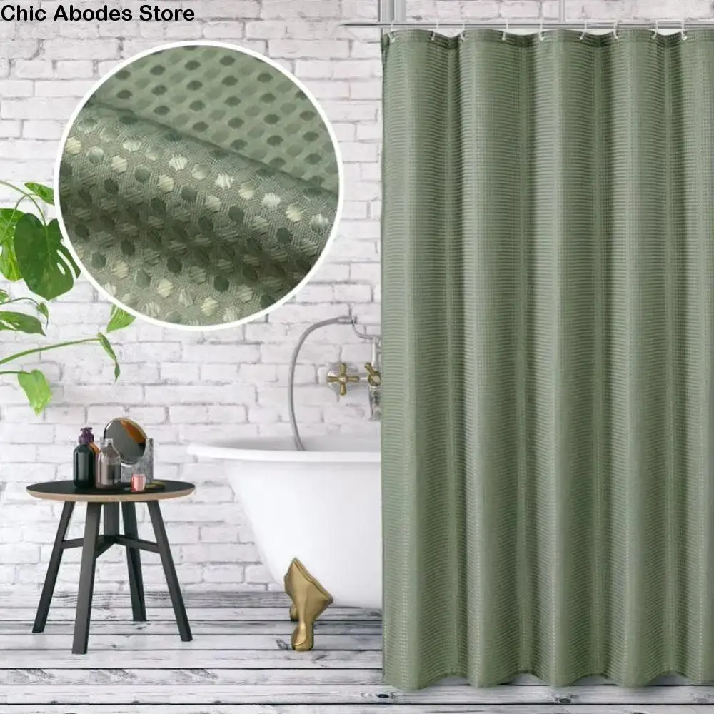 

Waterproof Plain Waffle Shower Curtain Solid Color Thickened Shading Curtain Mildew-proof with Hooks Bathroom Partition Curtain